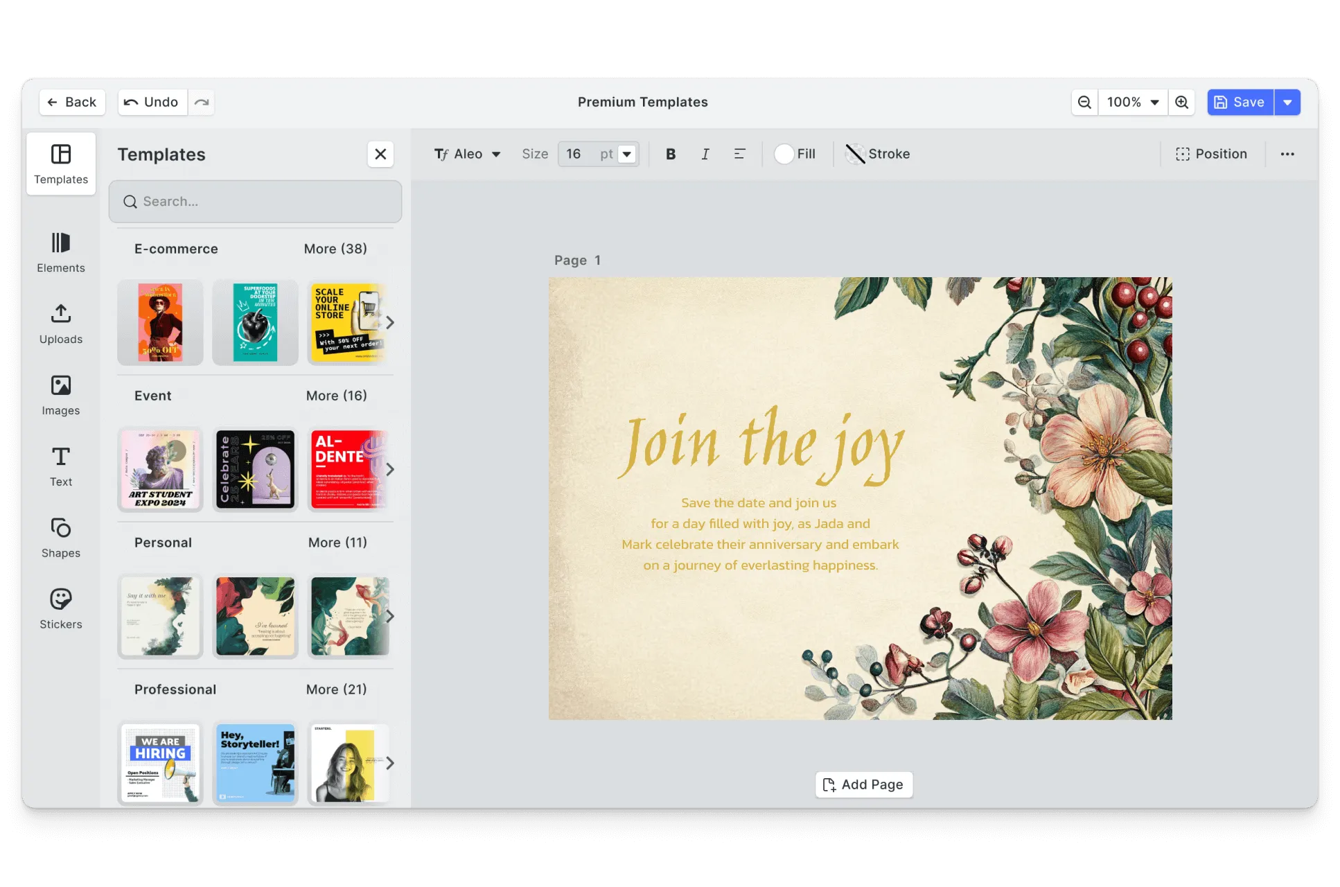 CE.SDK invitations editor showing template-based design