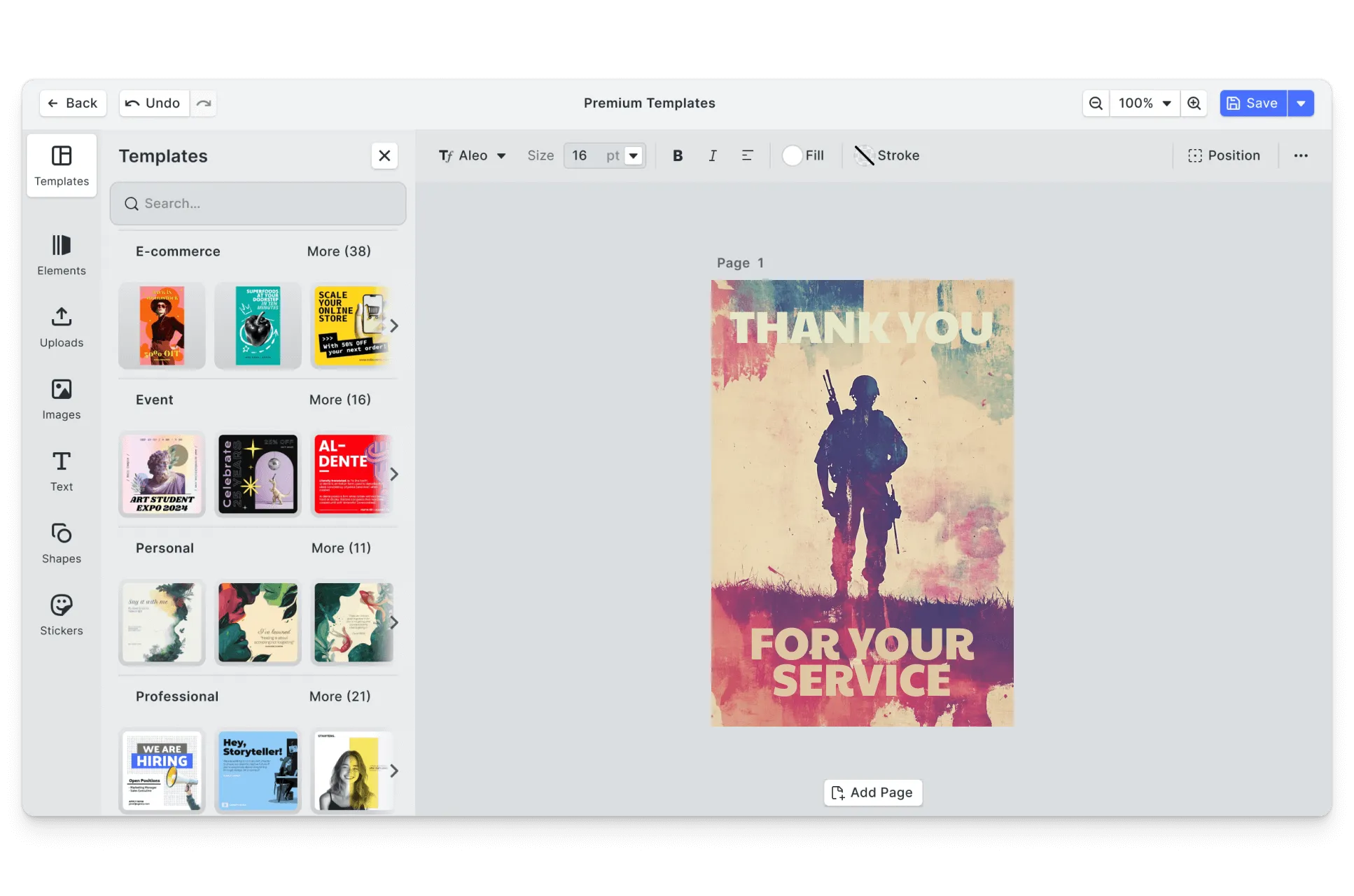 CE.SDK Memorial Day posters editor showing patriotic template-based design