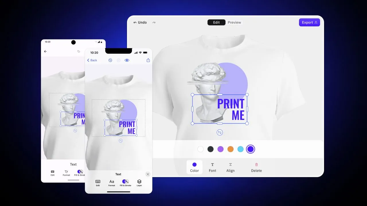 Responsive design adapts to screens, but native mobile-first considers content & layout for optimal mobile experience, as seen in the image, CE.SDK Apparel UI for Android, iOS, and web.