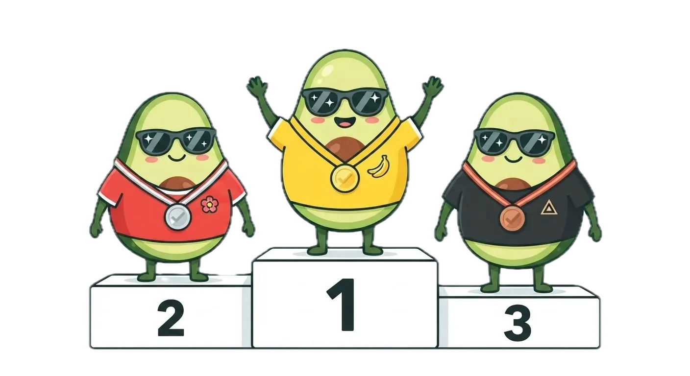 The benchmark avocado mascots on a winners' podium