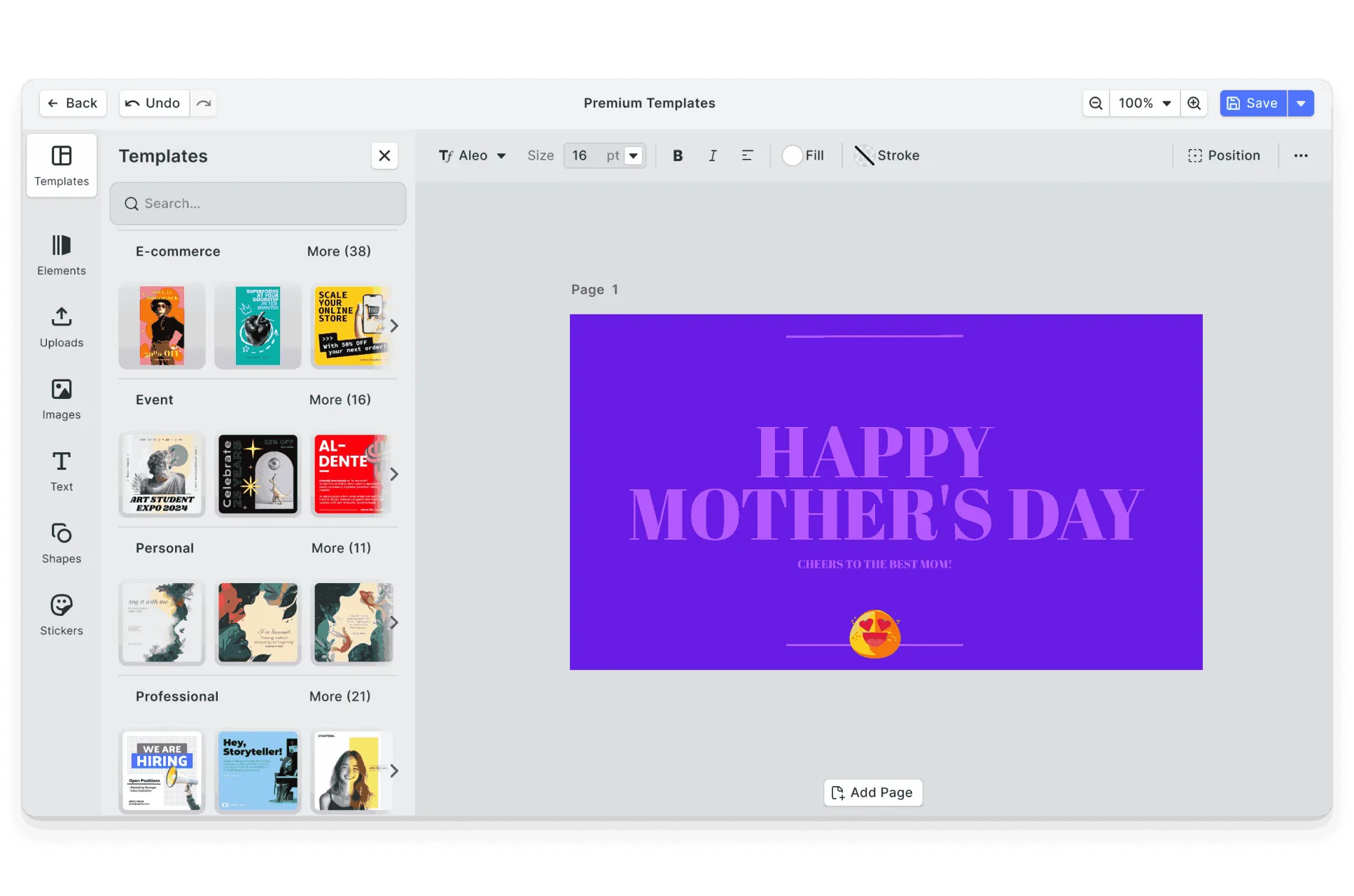 CE.SDK Mother's Day cards editor showing celebratory template-based design