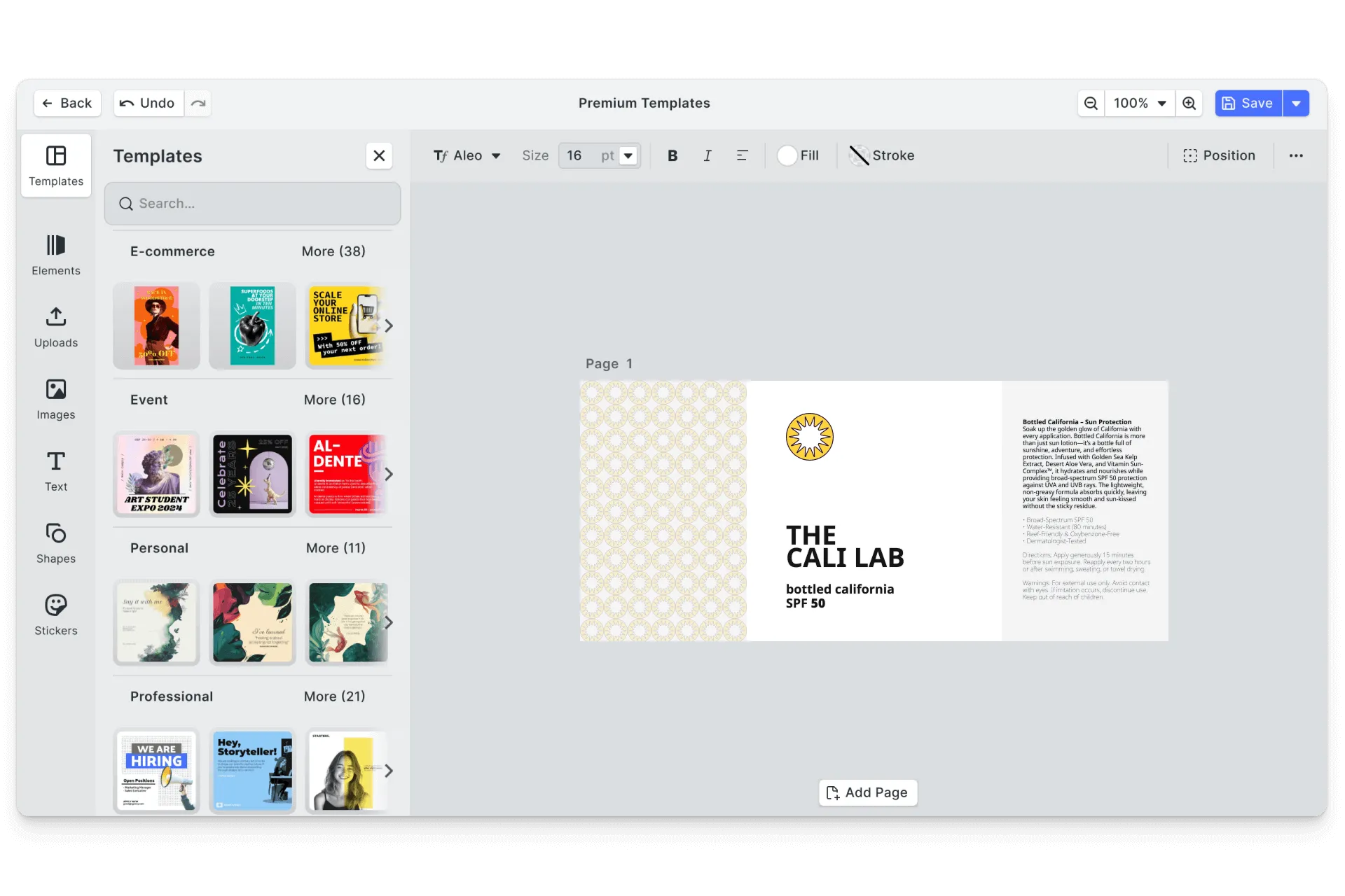 CE.SDK packaging editor showing template-based design