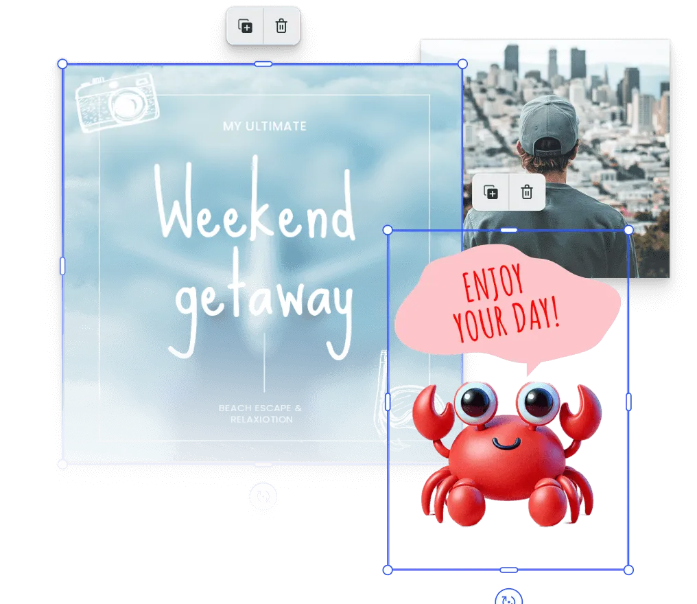 Composition of personal templates across travel, greeting, and photo-collage styles