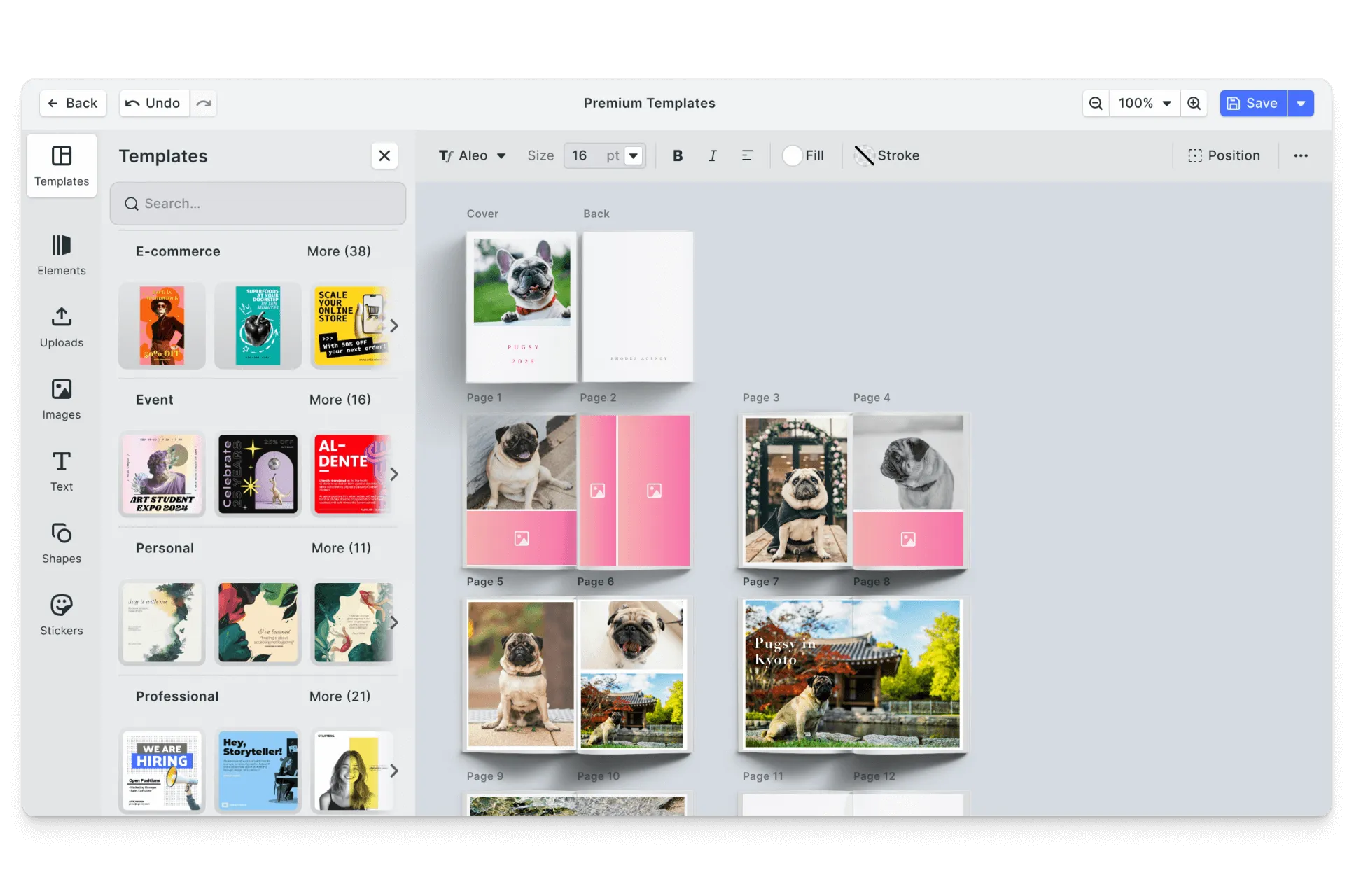 CE.SDK pet photo books editor showing template-based design