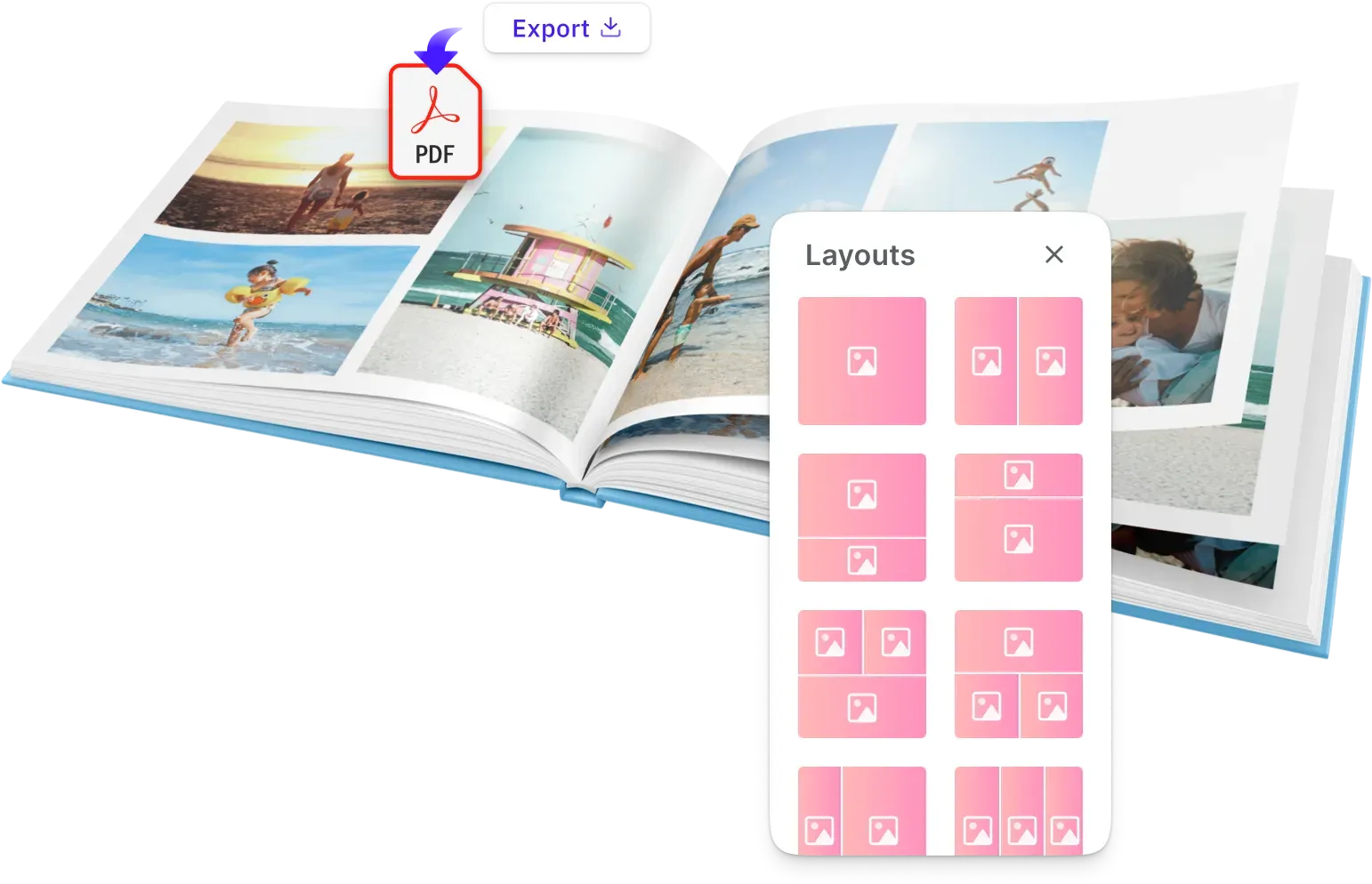 Customer arranging photos inside a multi-page photo book editor