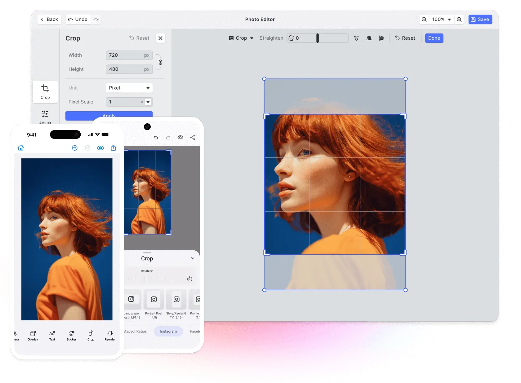 Photo Editor SDK starter kit running on web, iOS, and Android