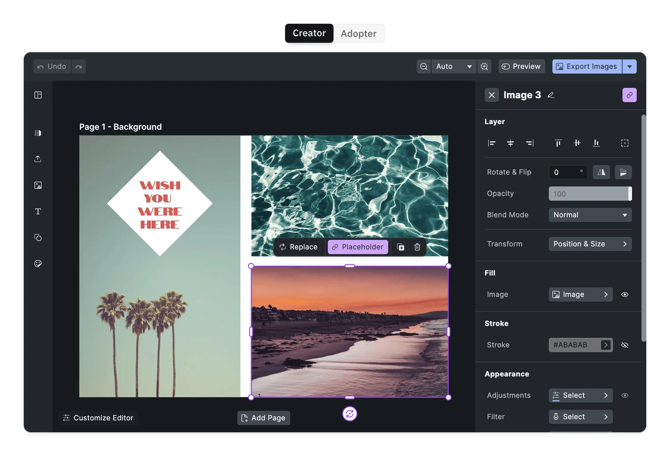 Placeholder zones managing front-and-back layouts for postcards
