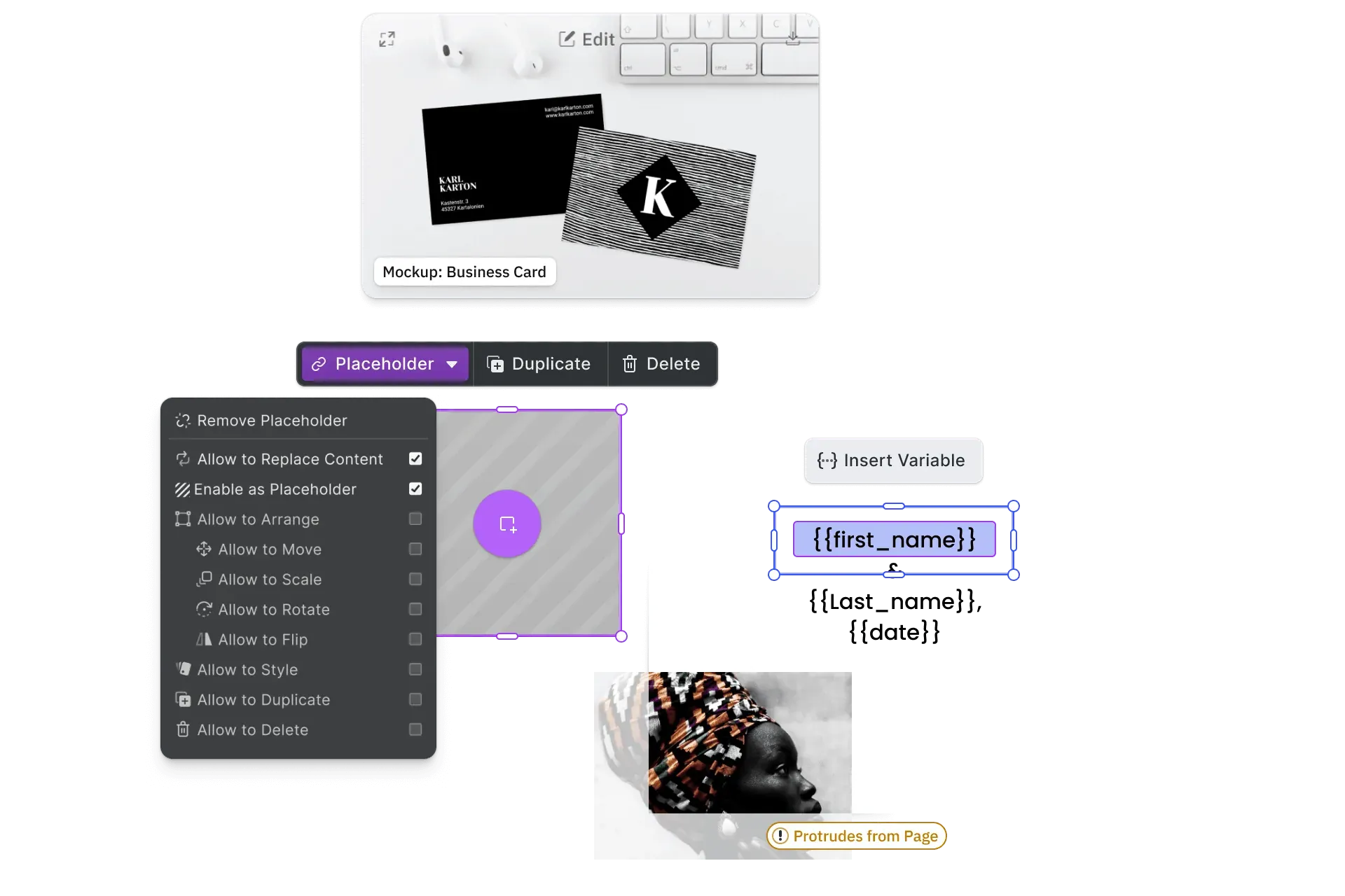 Web-to-print design editor with a smart template, variable data merge, and print-ready PDF preview