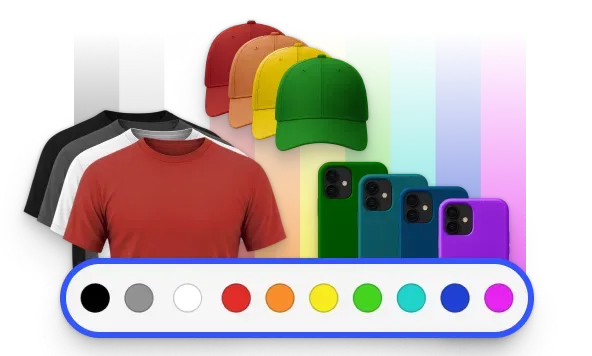 Product editor configuring apparel and packaging with print zones and a color swatch selector