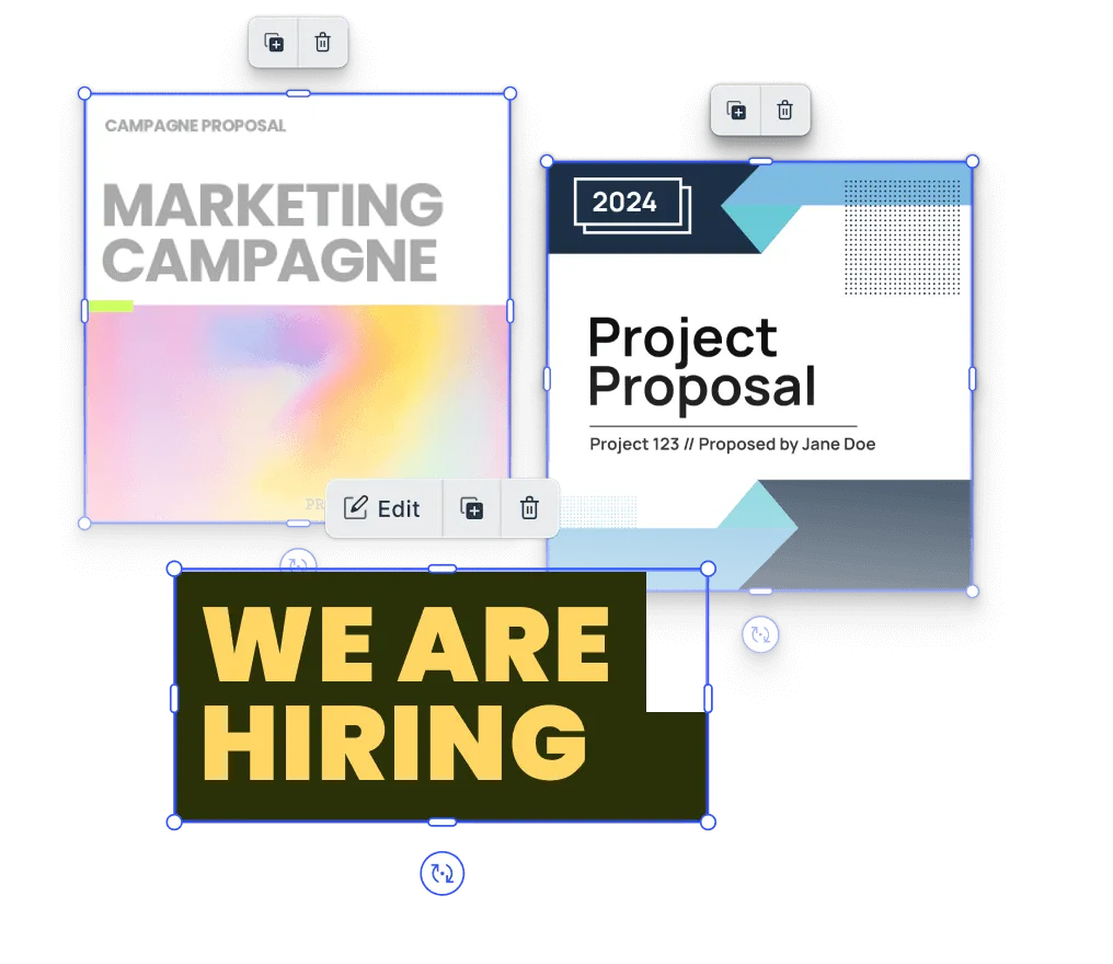 Composition of professional templates across pitch decks, hiring posts, and guides