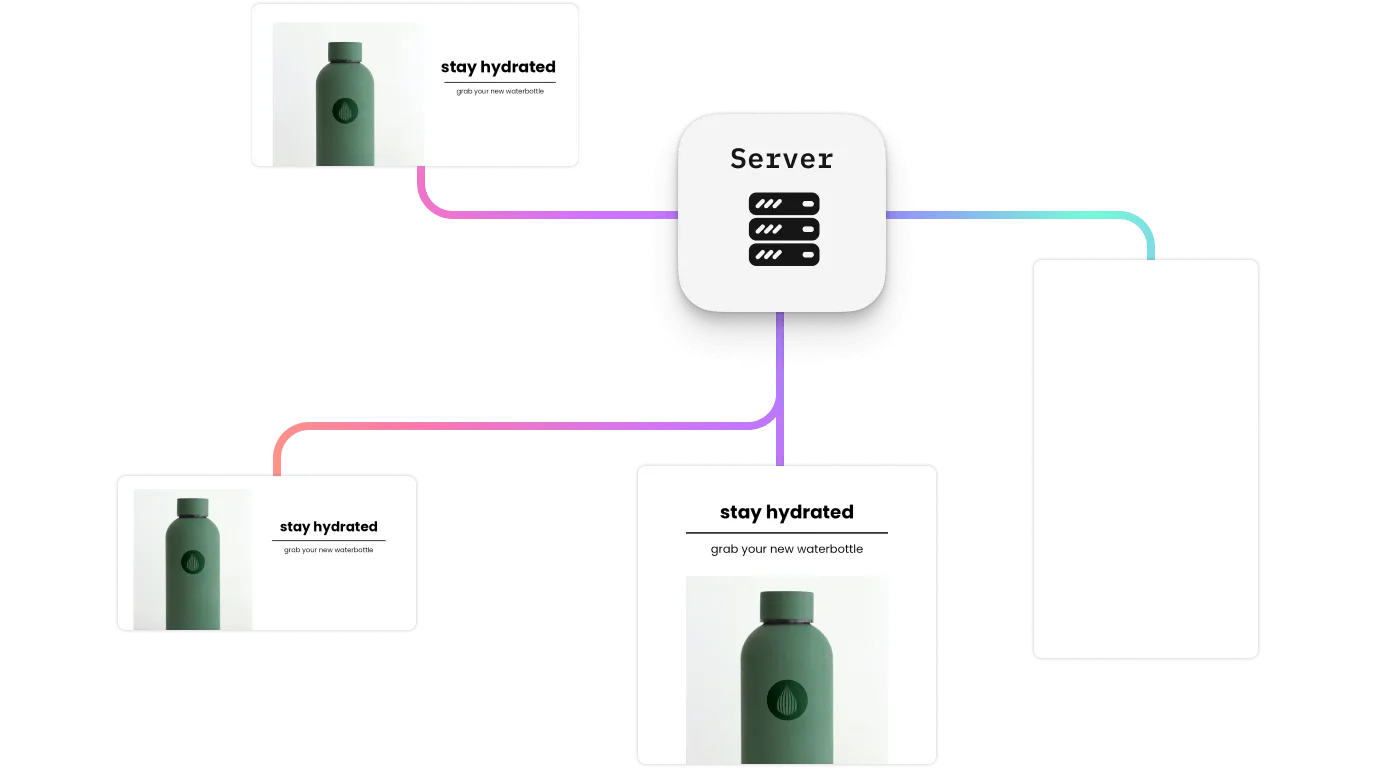 Server-side design variation generation pipeline producing byte-identical output to the client editor