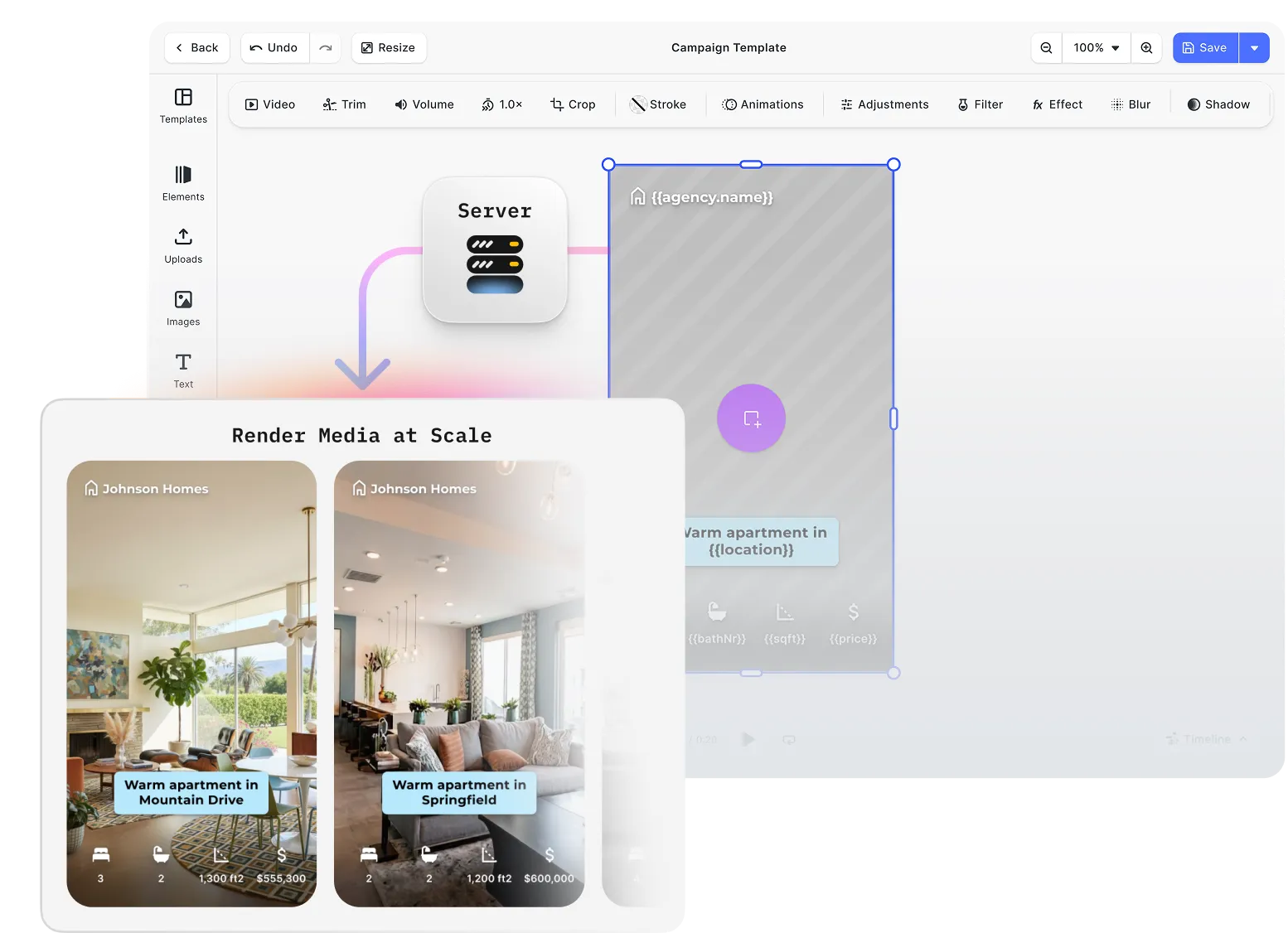 CE.SDK Renderer running inside a Docker container, batch-rendering personalised video outputs