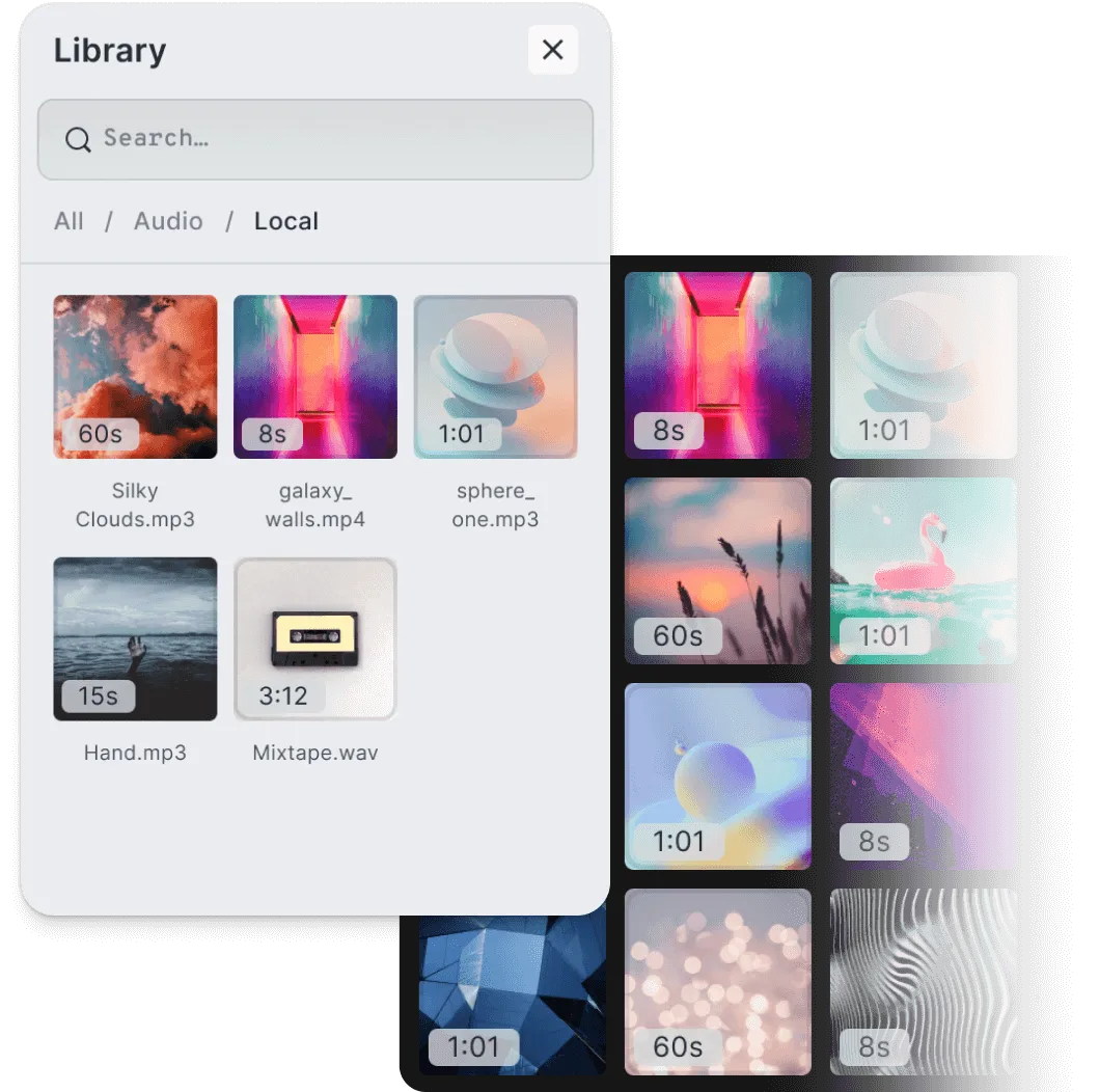 Soundstripe search panel inside the CE.SDK video editor letting users explore royalty-free tracks