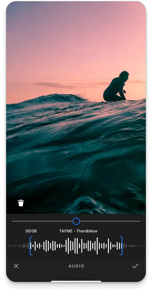 CE.SDK audio timeline with a Soundstripe track trimmed and positioned over the video track