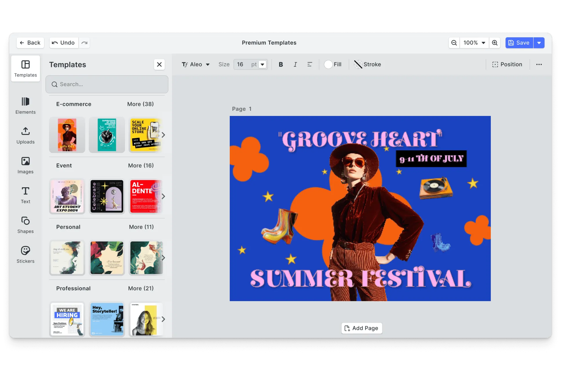 CE.SDK summer festival posters editor showing vibrant lineup templates