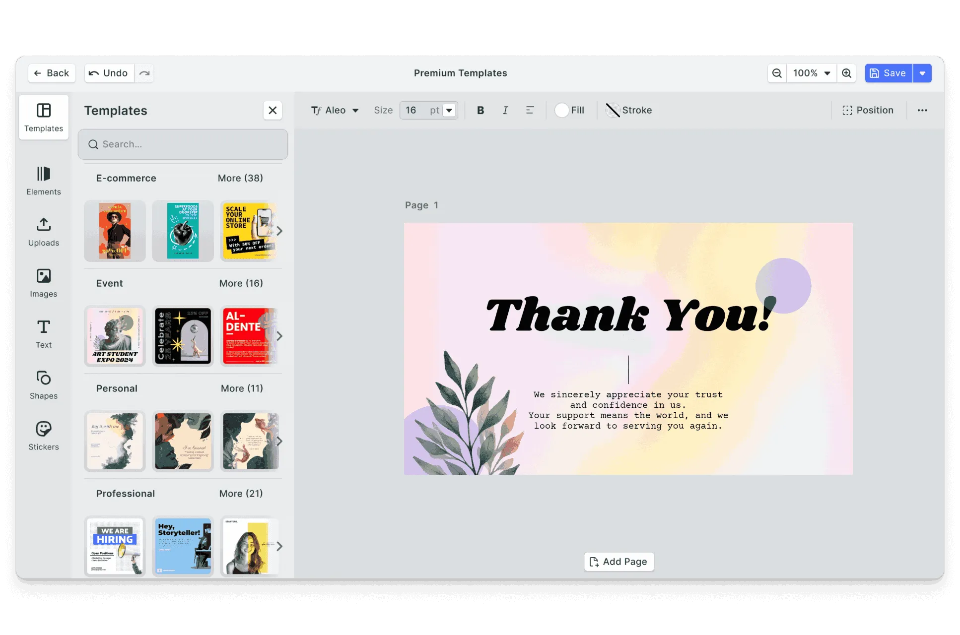 CE.SDK thank-you cards editor showing gratitude template-based design