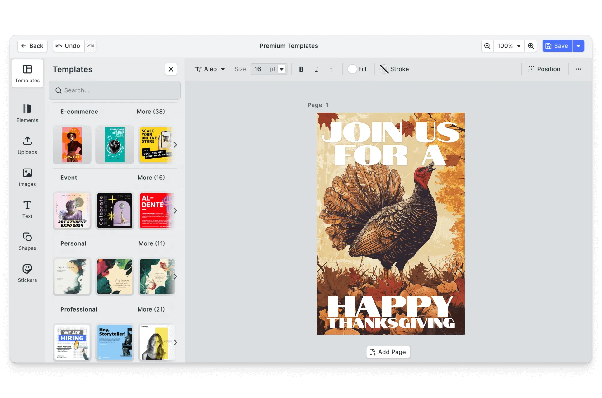 CE.SDK thanksgiving flyers editor showing template-based design