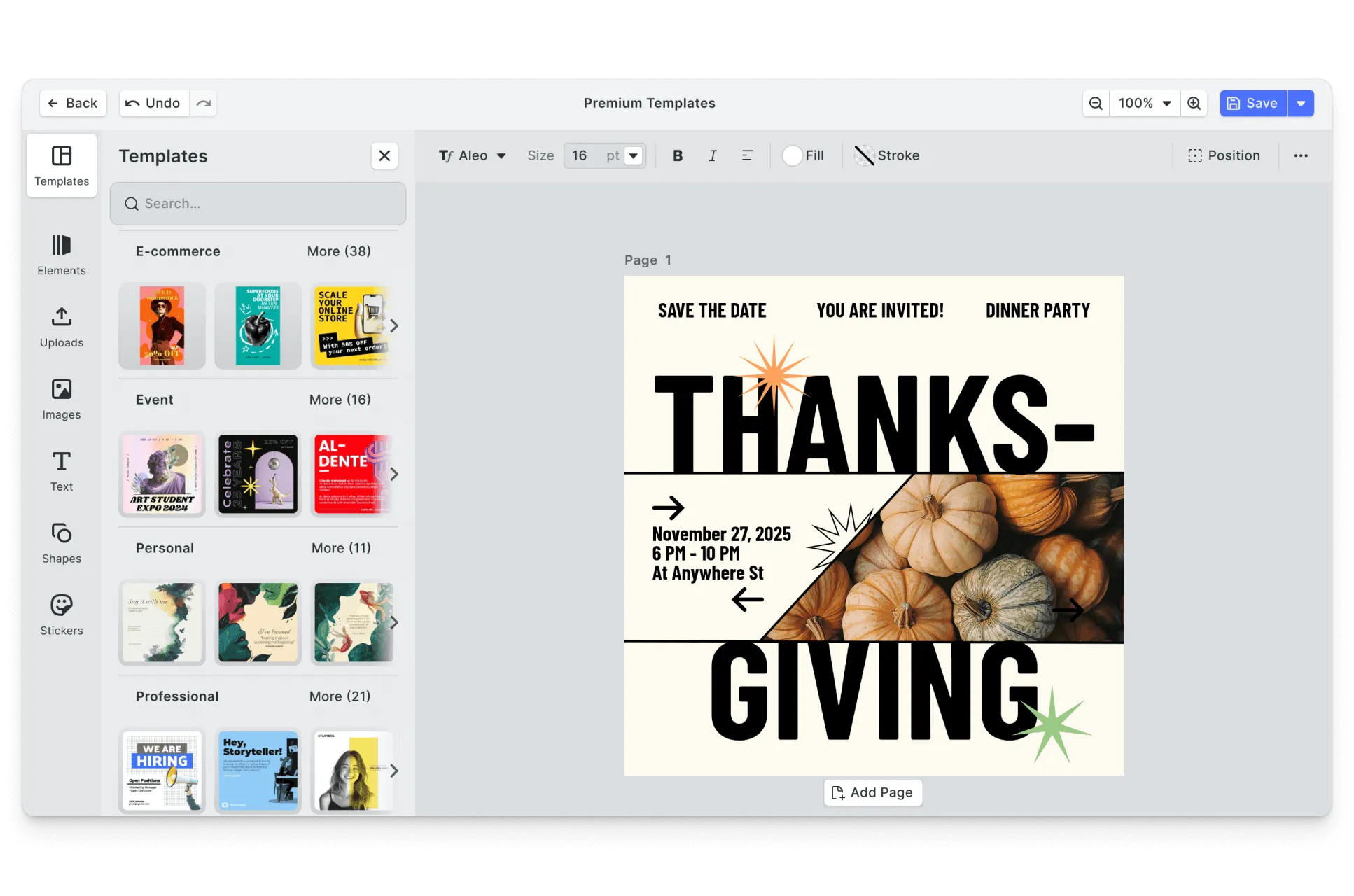 CE.SDK thanksgiving invitations editor showing template-based design