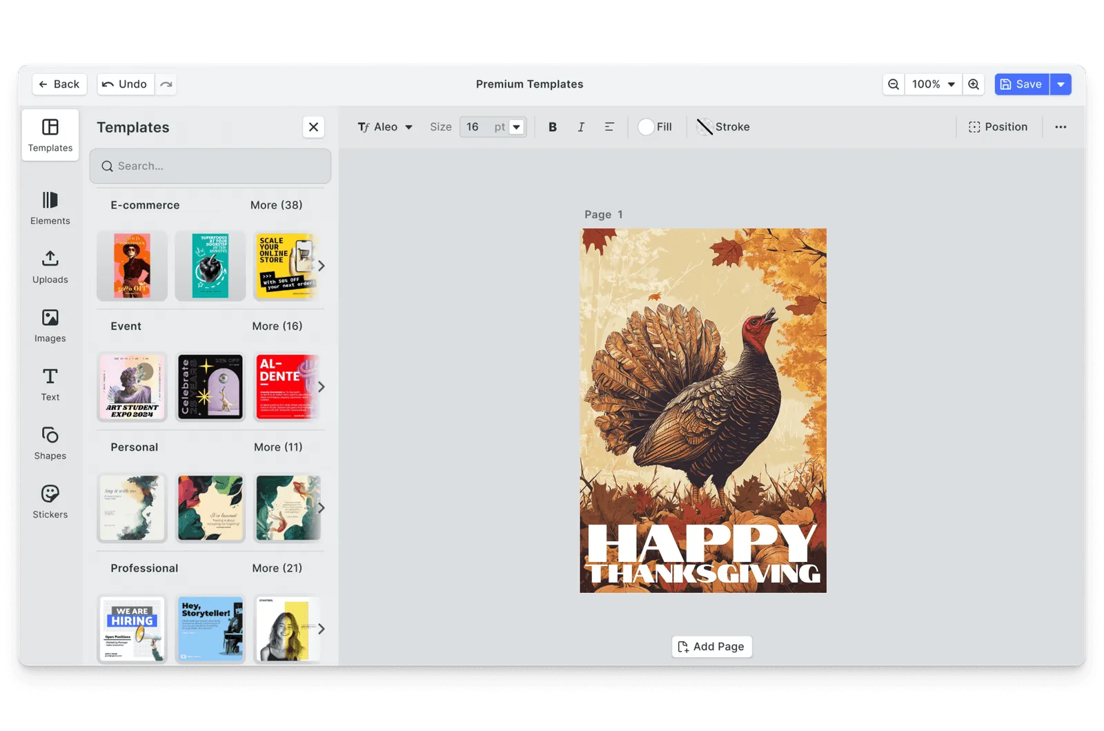 CE.SDK Thanksgiving posters editor showing autumnal large-format templates