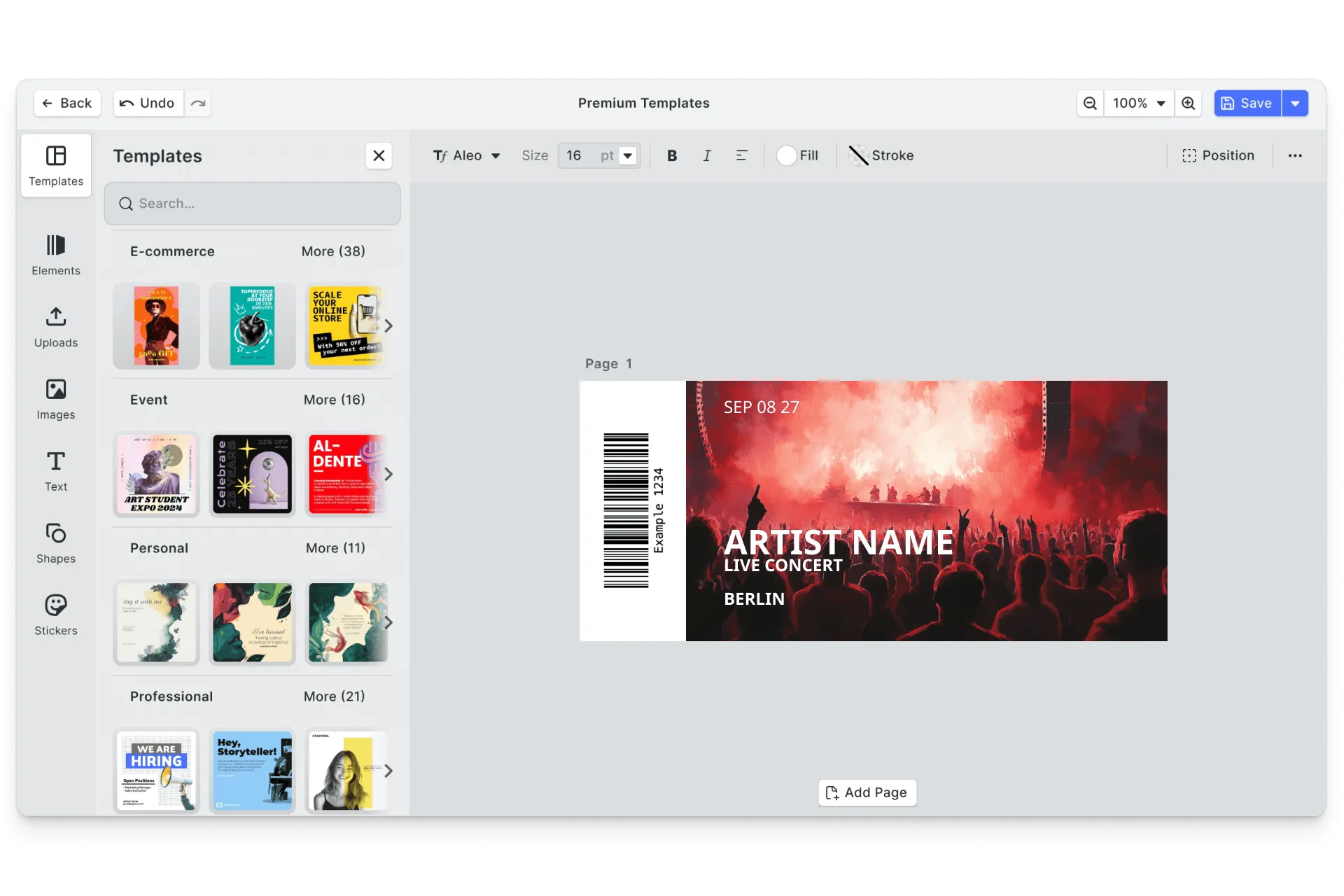 CE.SDK tickets editor showing event ticket templates with bleed