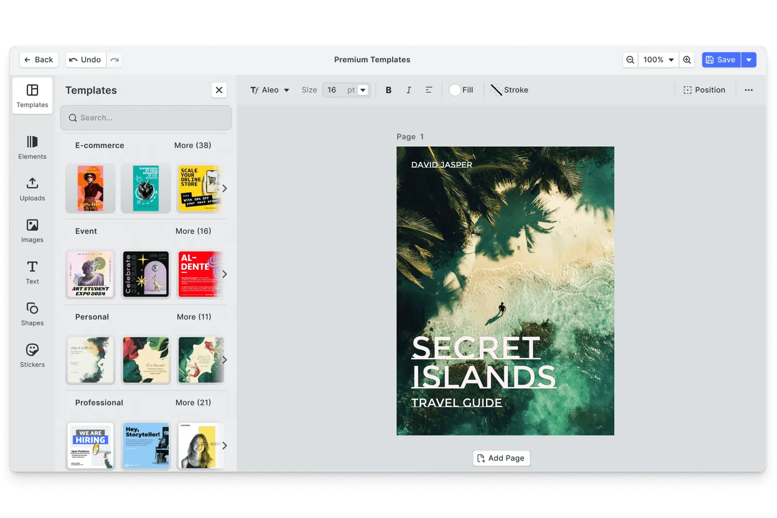 CE.SDK travel guide covers editor showing travel template-based design