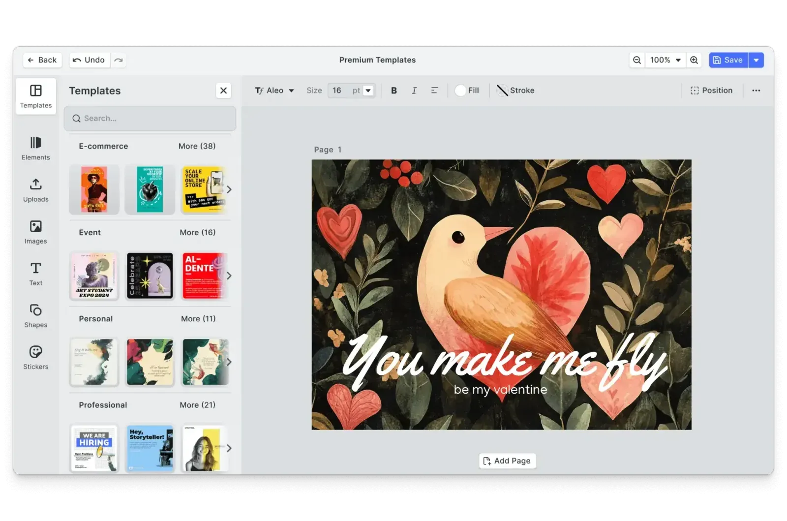CE.SDK Valentine's Day cards editor showing romantic template-based design
