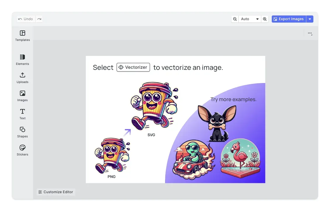 Vectorizer plugin converting bitmap designs to SVG that stays sharp at any size