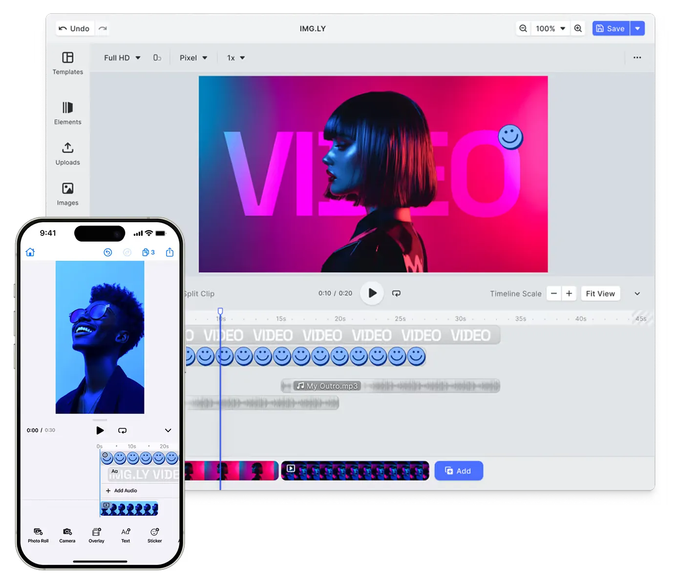 Video Editor SDK preview showing the timeline editor on web, iOS, and Android
