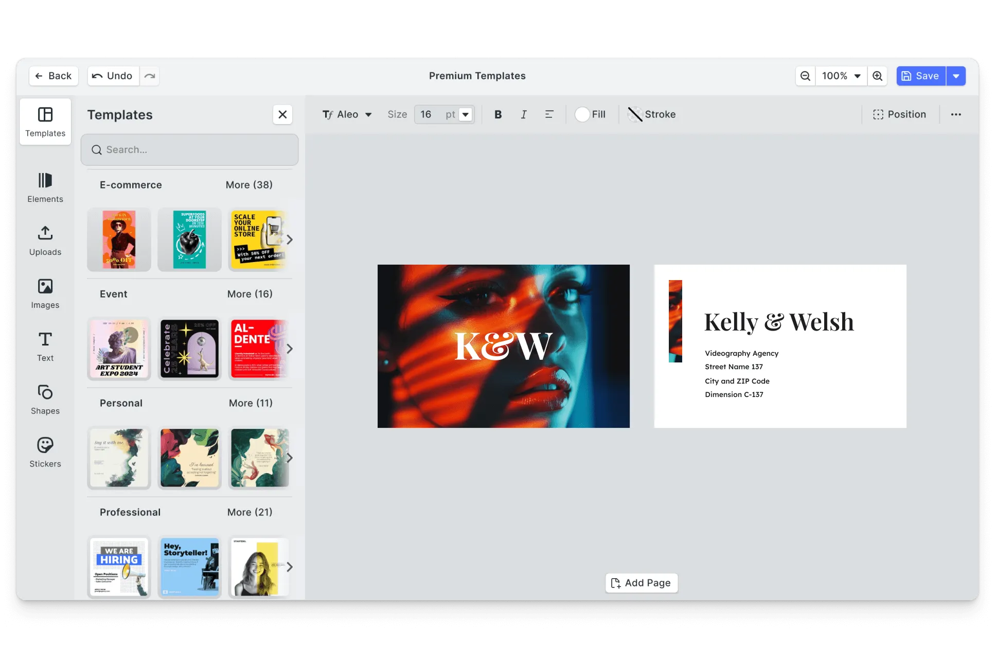 CE.SDK videographer business cards editor showing template-based design