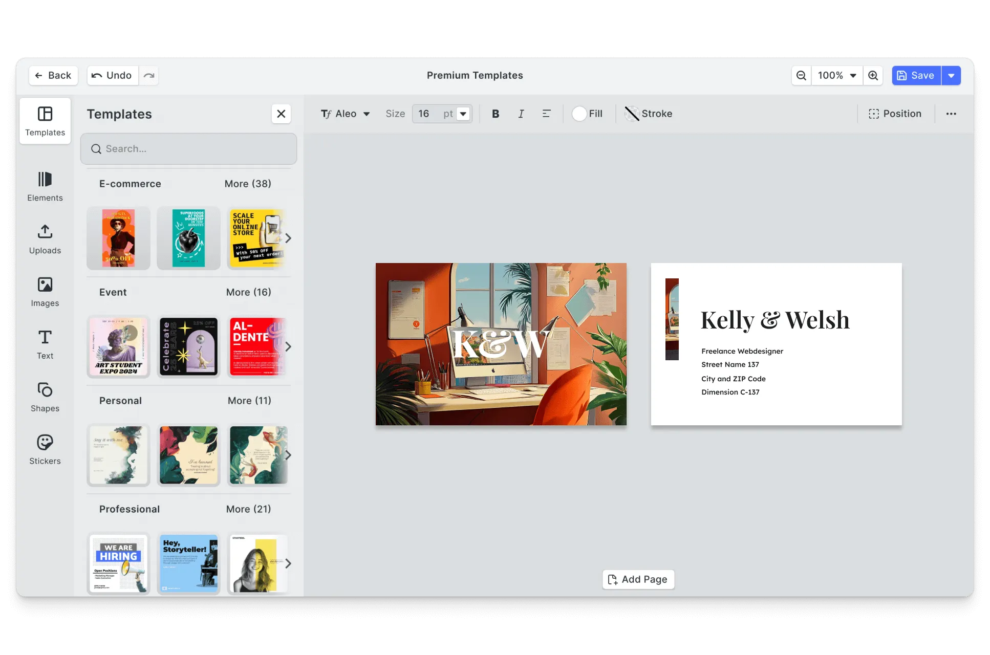 CE.SDK web designer business cards editor showing template-based design
