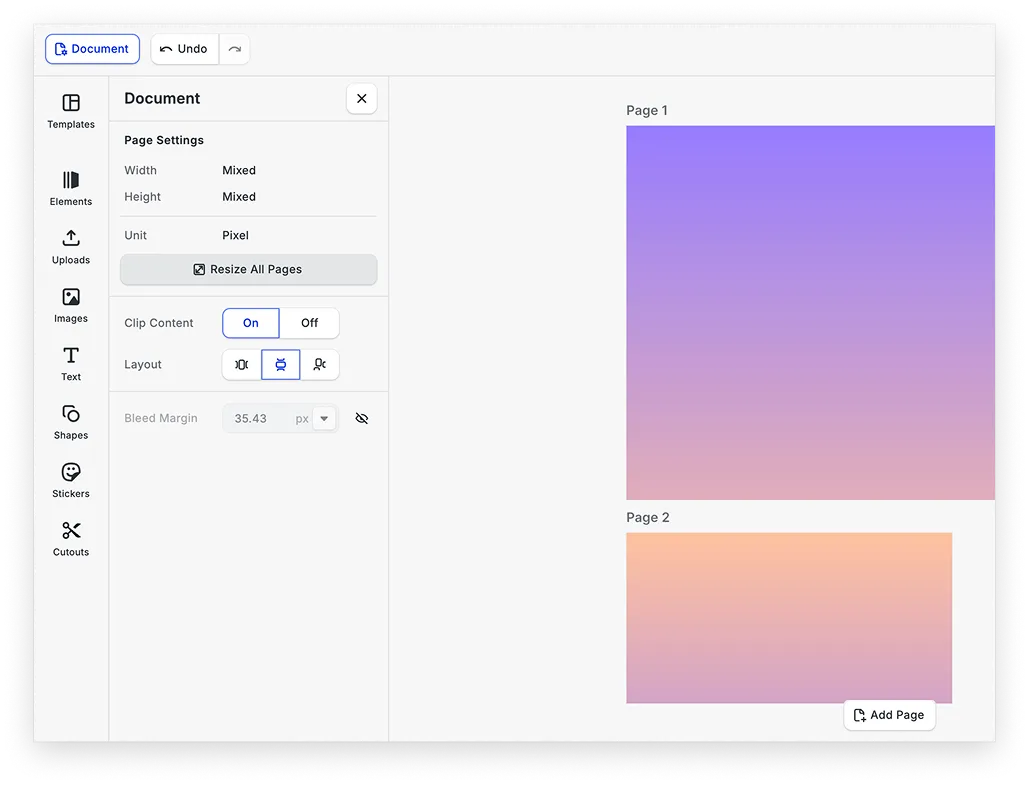The resize panel dynamically adjusts between per-page and all-pages mode based on selection.