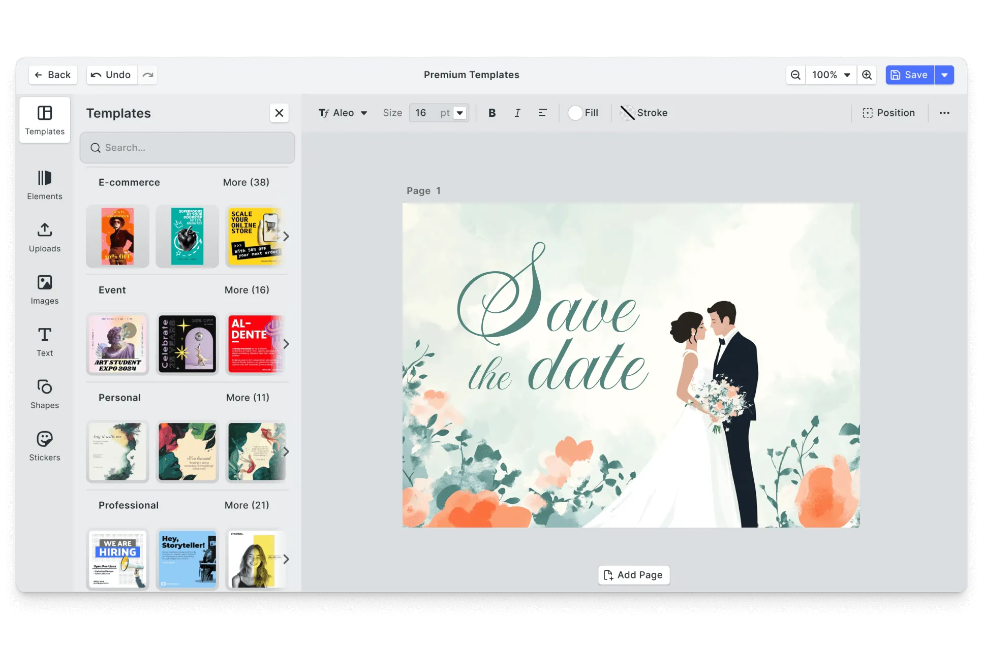 CE.SDK wedding cards editor showing romantic template-based design