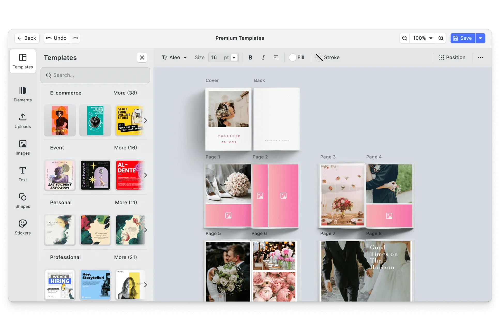 CE.SDK wedding photo books editor showing elegant template-based design