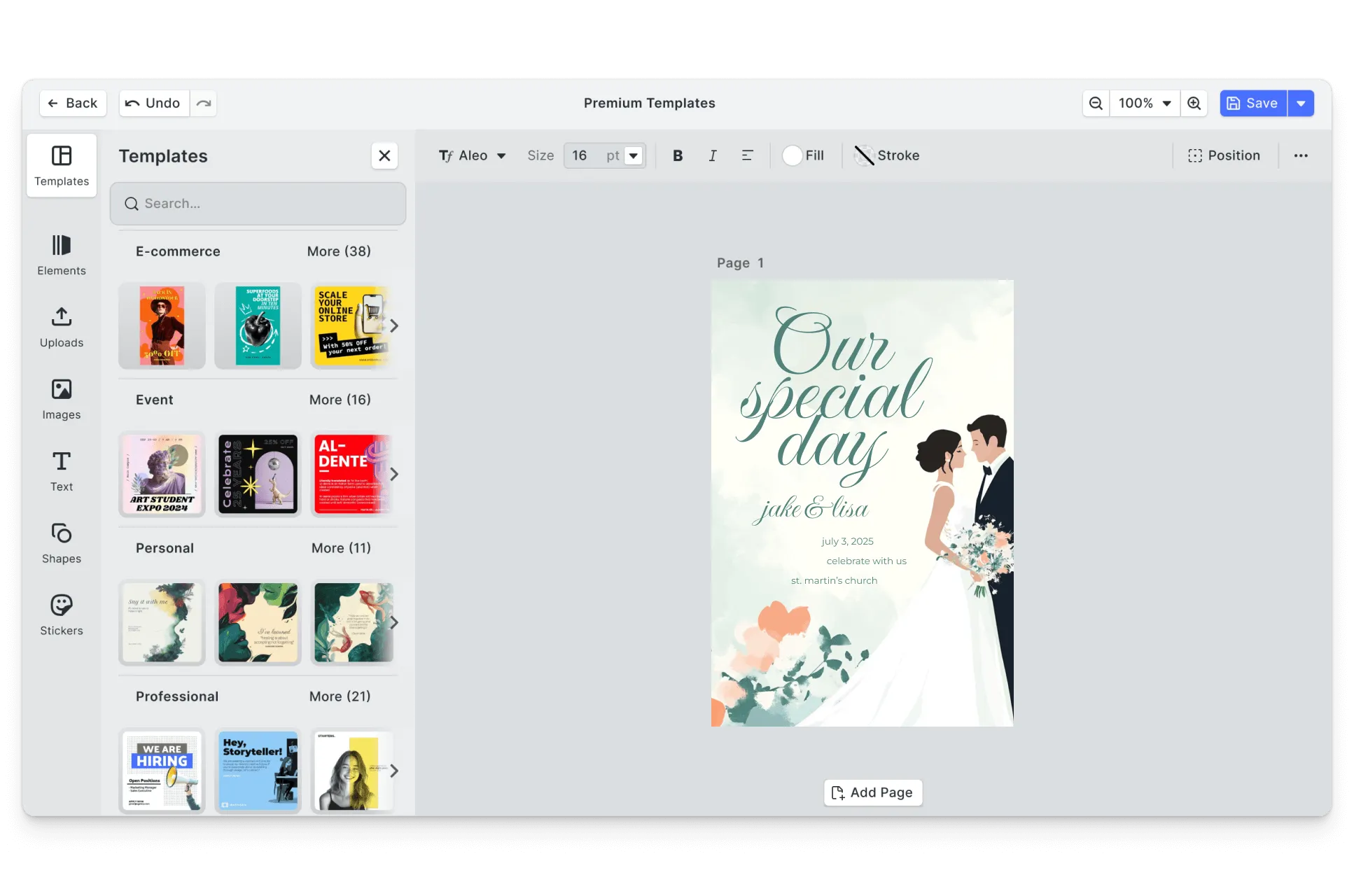 CE.SDK wedding posters editor showing elegant ceremony signage